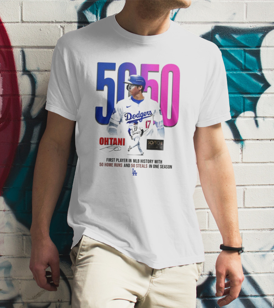Los Angeles Dodgers Shohei Ohtani 50/50 First Player In MLB History With 50 Home Runs And 50 Steals In One Season T-Shirt