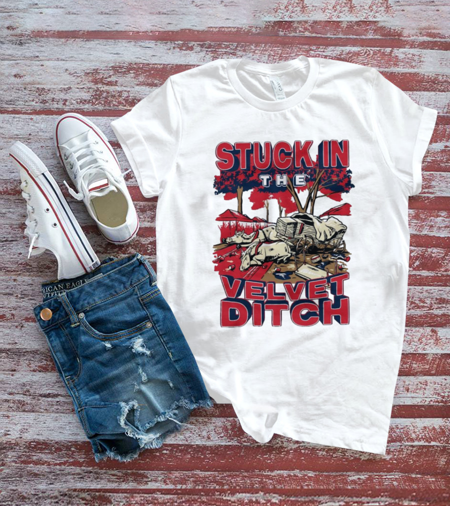 Stuck In The Velvet Ditch Ole Miss Rebels Wagon Red Blue Trees T-Shirt