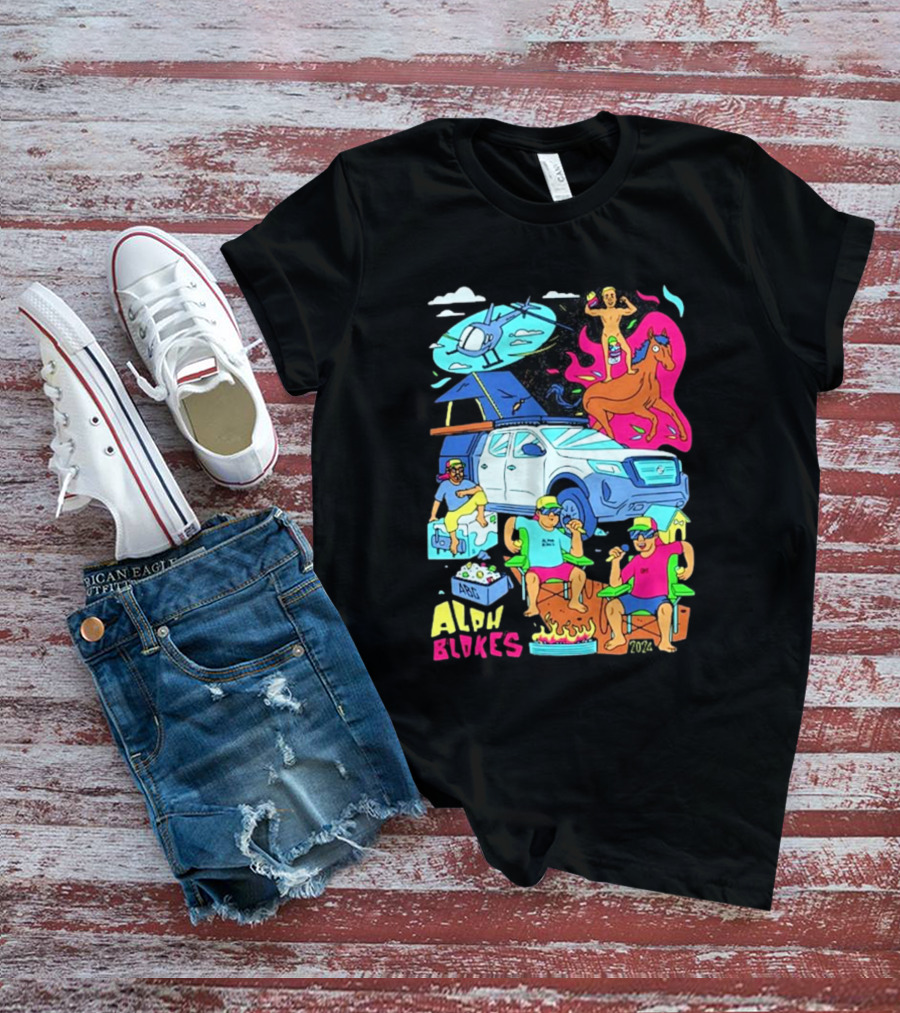 Alpha Blokes Podcast Cartoon Adventure Helicopter Beer Camping Fire T-Shirt