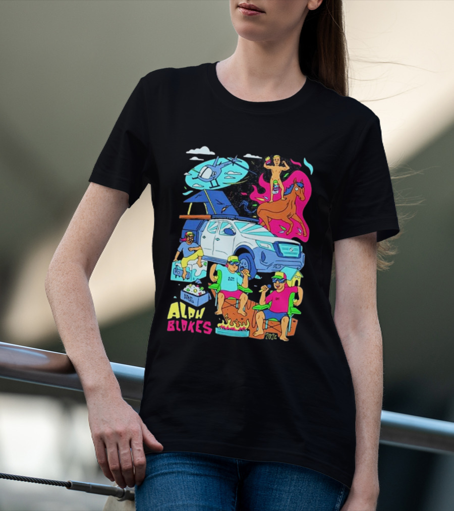 Alpha Blokes Podcast Cartoon Adventure Helicopter Beer Camping Fire T-Shirt