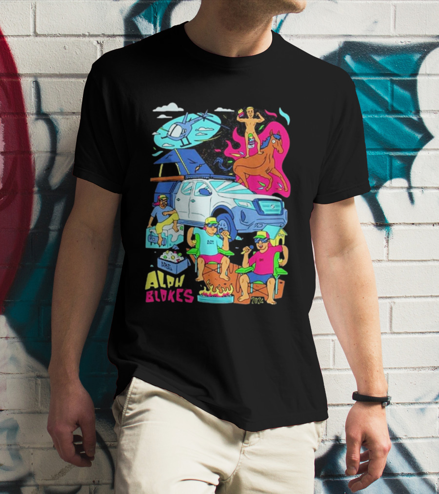 Alpha Blokes Podcast Cartoon Adventure Helicopter Beer Camping Fire T-Shirt