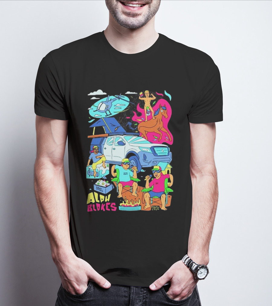 Alpha Blokes Podcast Cartoon Adventure Helicopter Beer Camping Fire T-Shirt