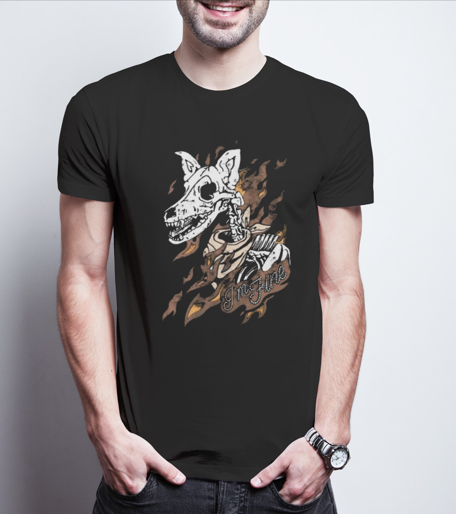 Ew Otto By Kris I’m Fine Skeleton Dog With Flames Vintage T-Shirt