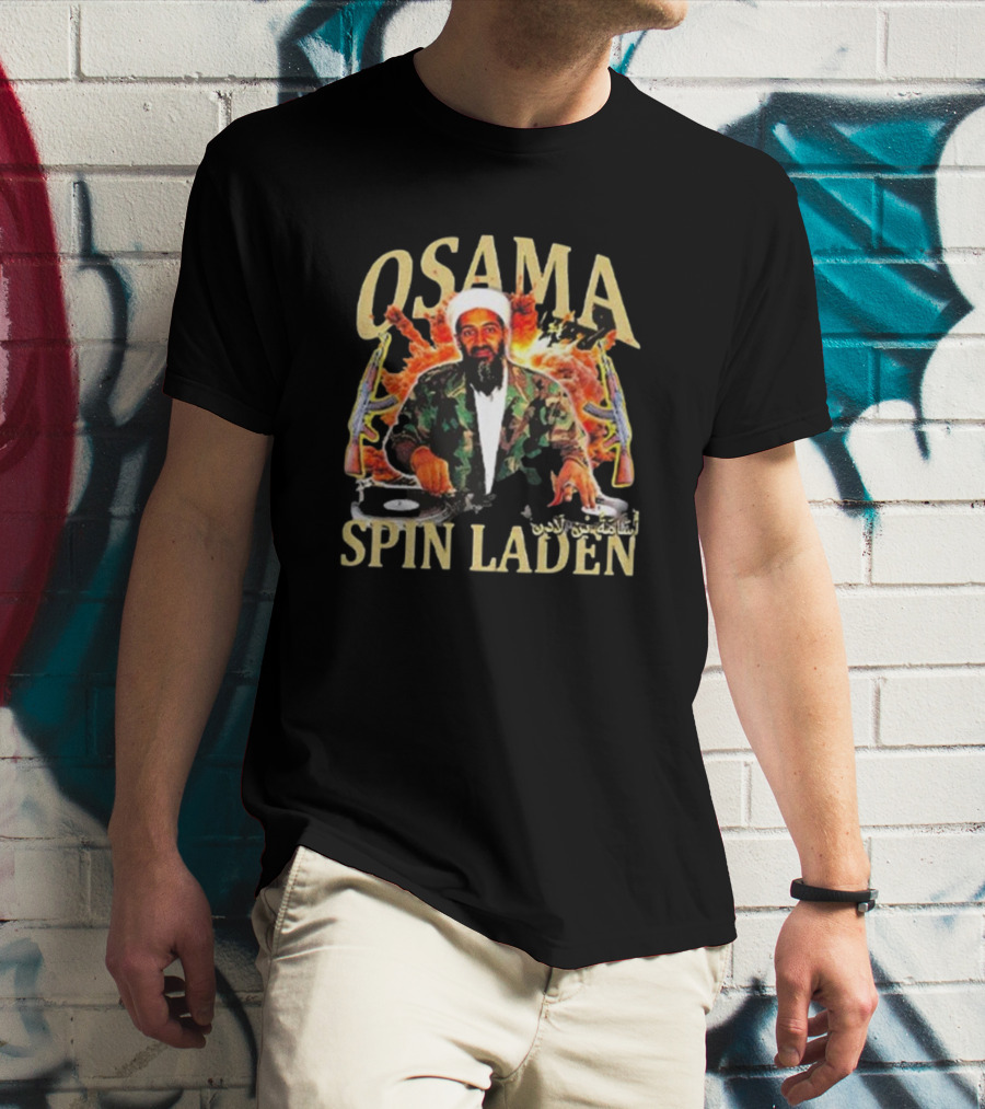 Osama Spin Laden DJ Guns Arabic Text T-Shirt