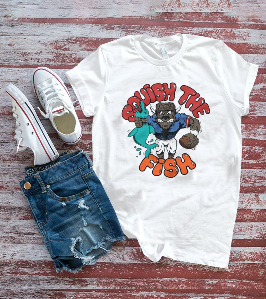 Buffalo Bills NFL Squish The Fish Vintage Rivalry Graphic Featuring Cartoon Football Player And Fish T-Shirt