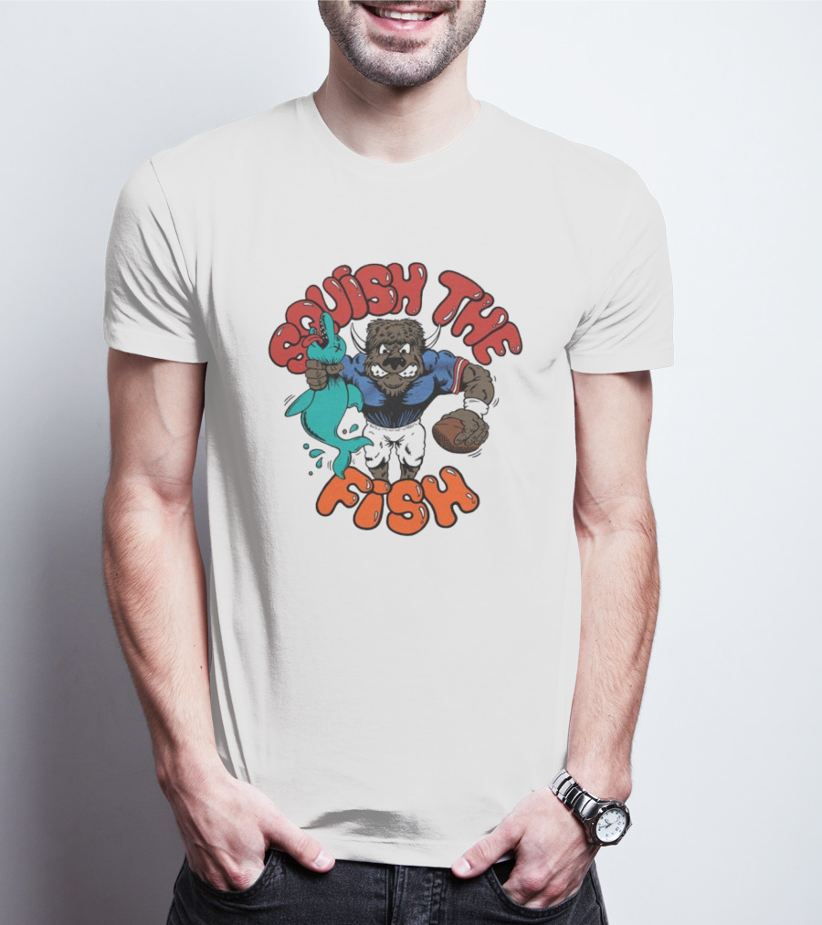 Buffalo Bills NFL Squish The Fish Vintage Rivalry Graphic Featuring Cartoon Football Player And Fish T-Shirt