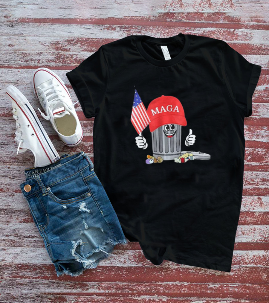 MAGA Hat Wearing Garbage Can Giving Thumbs Up Holding American Flag T-Shirt