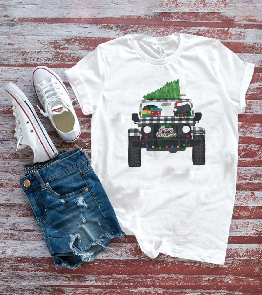 Merry Christmas Black Buffalo Plaid Jeep With Cartoon Labradoodle And Tree T-Shirt