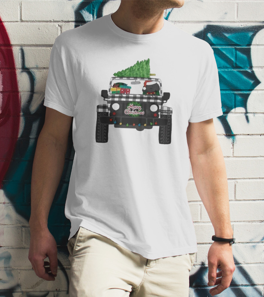 Merry Christmas Black Buffalo Plaid Jeep With Cartoon Labradoodle And Tree T-Shirt