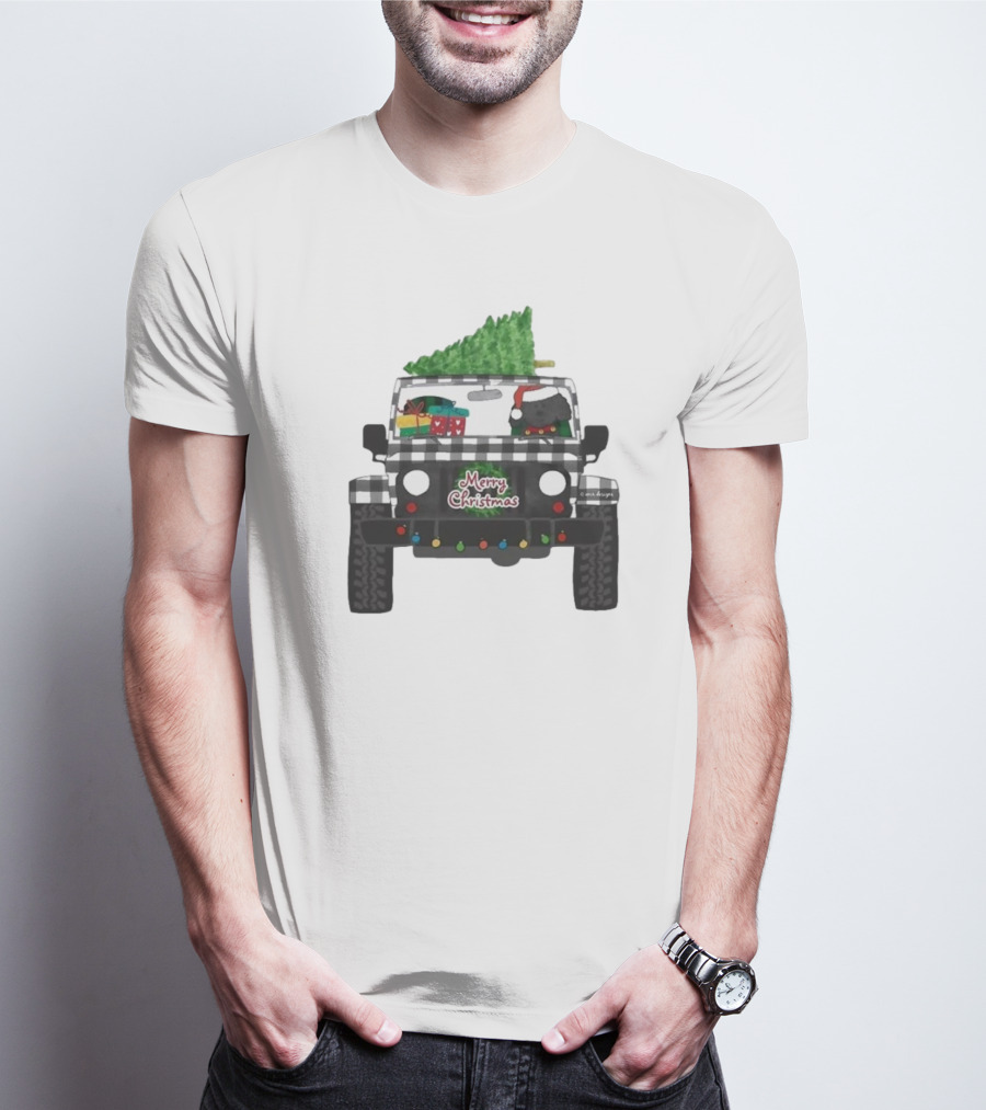 Merry Christmas Black Buffalo Plaid Jeep With Cartoon Labradoodle And Tree T-Shirt