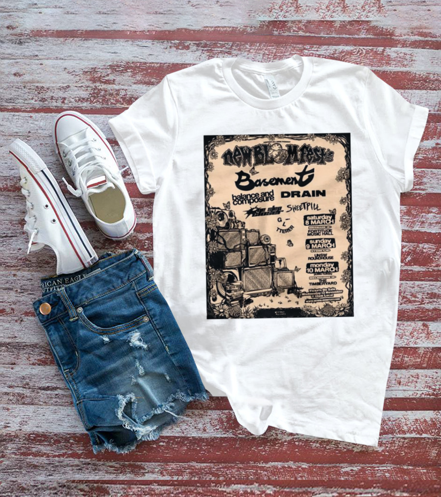 New Bloom Fest 2025 Basement Balance And Composure Drain Turnover Live Concert March 8-10 T-Shirt