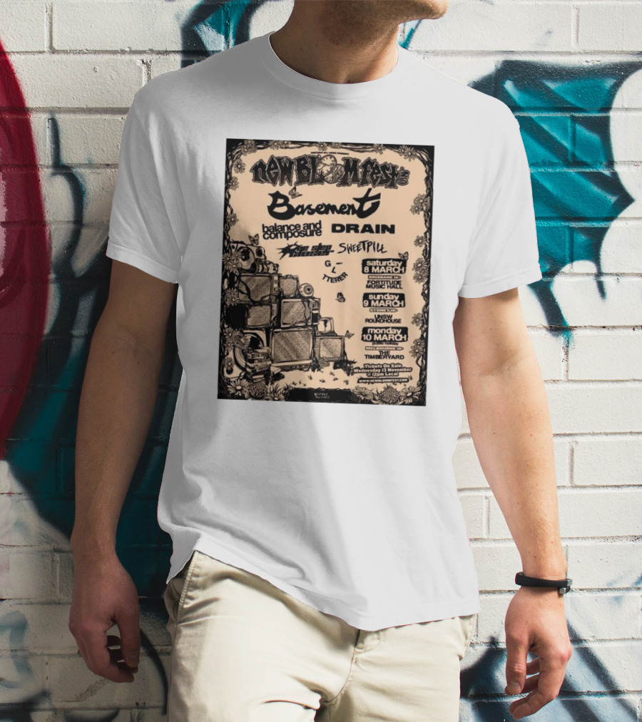 New Bloom Fest 2025 Basement Balance And Composure Drain Turnover Live Concert March 8-10 T-Shirt