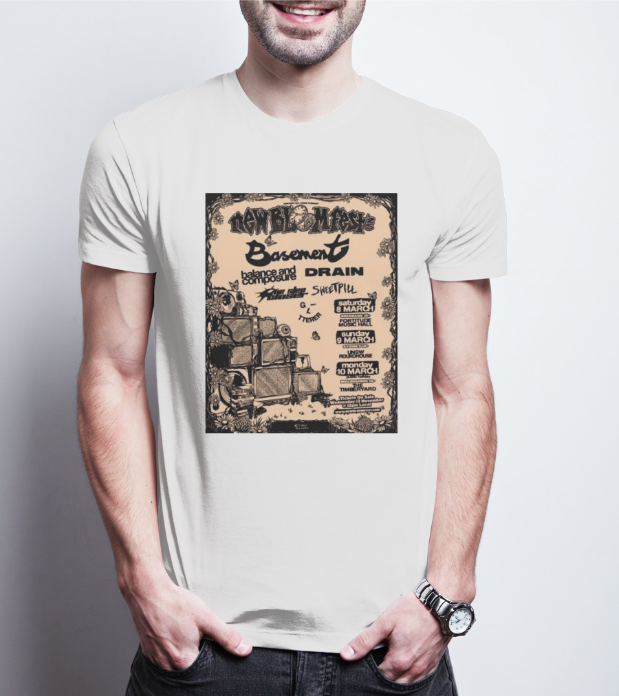 New Bloom Fest 2025 Basement Balance And Composure Drain Turnover Live Concert March 8-10 T-Shirt