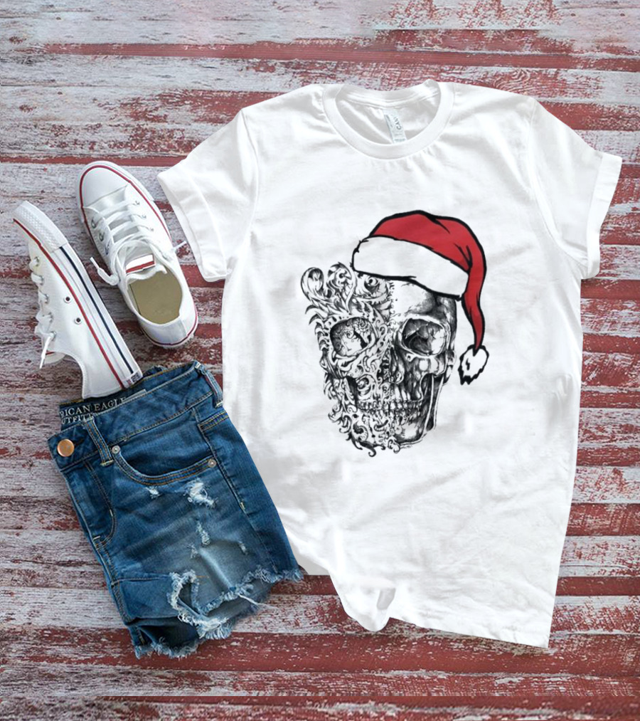 Skulls And Bodies Christmas With Santa Hat Humor T-Shirt