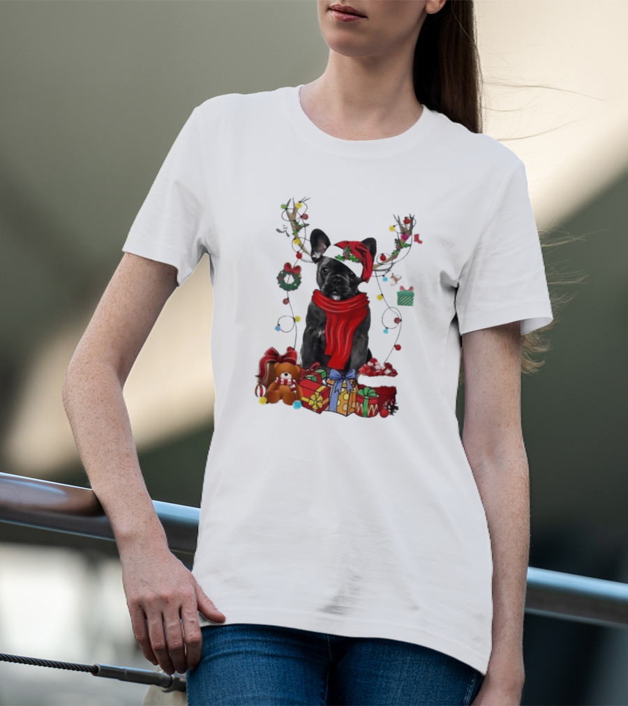 French Bulldog With Santa Hat Reindeer Antlers Xmas Lights And Gifts Merry Christmas T-Shirt