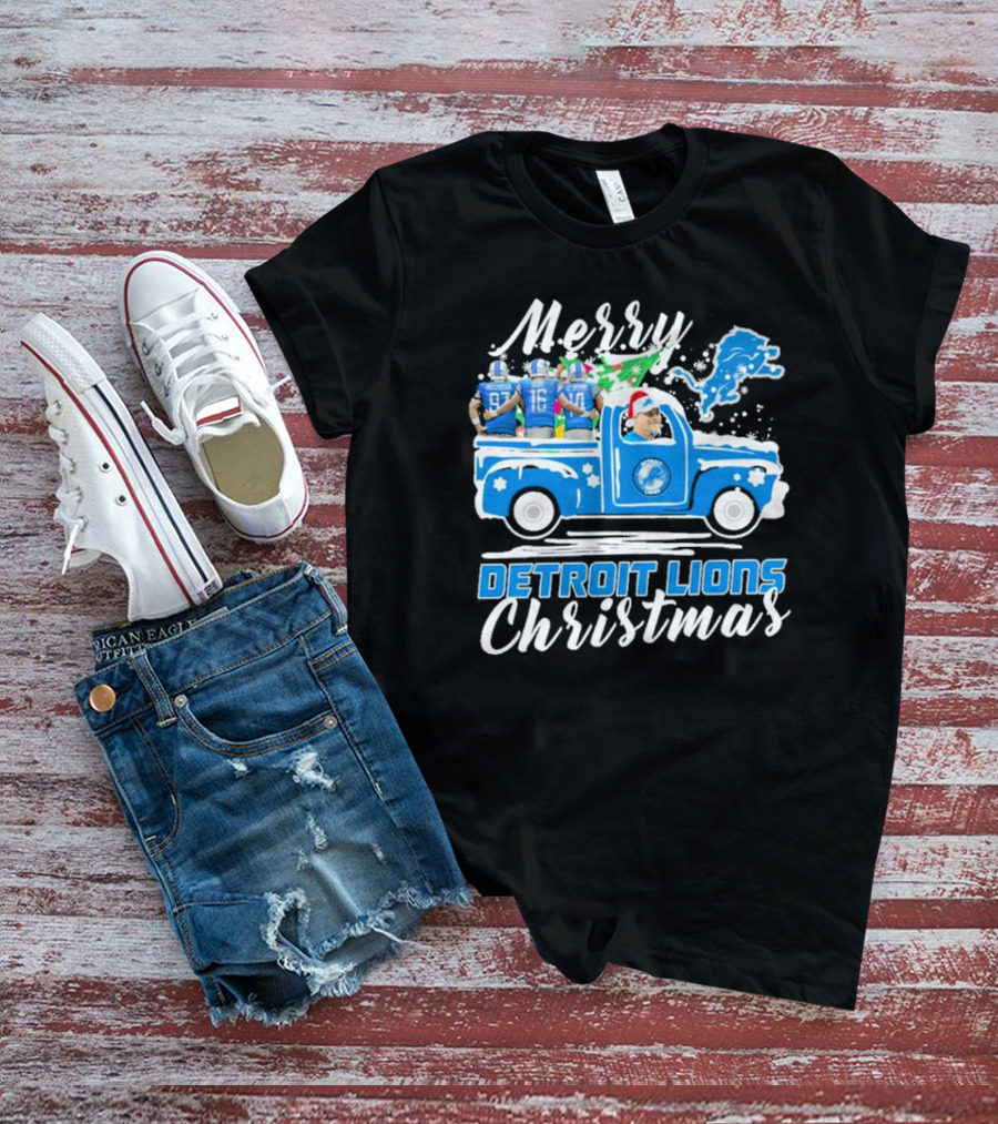 Merry Detroit Lions Christmas With David Montgomery Jared Goff Amon-Ra St. Brown T-Shirt