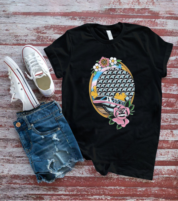 The Lost Bros Monorail Spaceship Earth Tattoo Style Floral T-Shirt