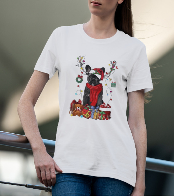 French Bulldog Reindeer Christmas Lights Merry Christmas Wreath Gifts T-Shirt
