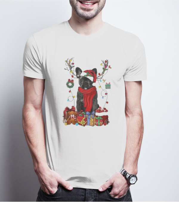 French Bulldog Reindeer Christmas Lights Merry Christmas Wreath Gifts T-Shirt
