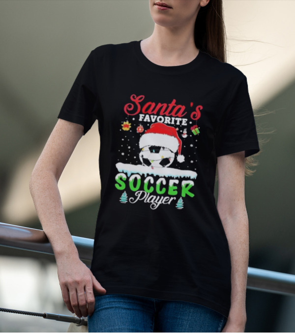 Santa's Favorite Soccer Player Christmas Football Soccer Ball Santa Hat Snowflakes T-Shirt