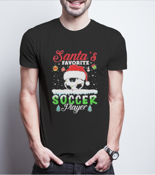 Santa's Favorite Soccer Player Christmas Football Soccer Ball Santa Hat Snowflakes T-Shirt