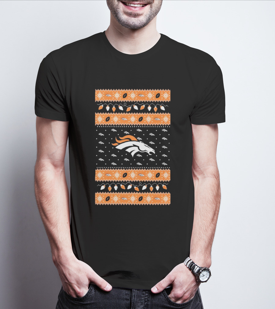 Denver Broncos NFL Ugly Sweater Holiday Lights Christmas T-Shirt