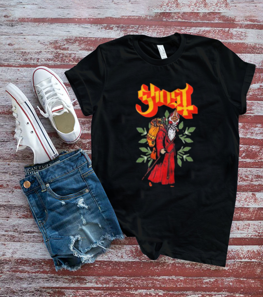 Ghost Papa Noel Glitter Leaf Santa Clausal Graphic Red Robe Relaxed Fit Girls T-Shirt