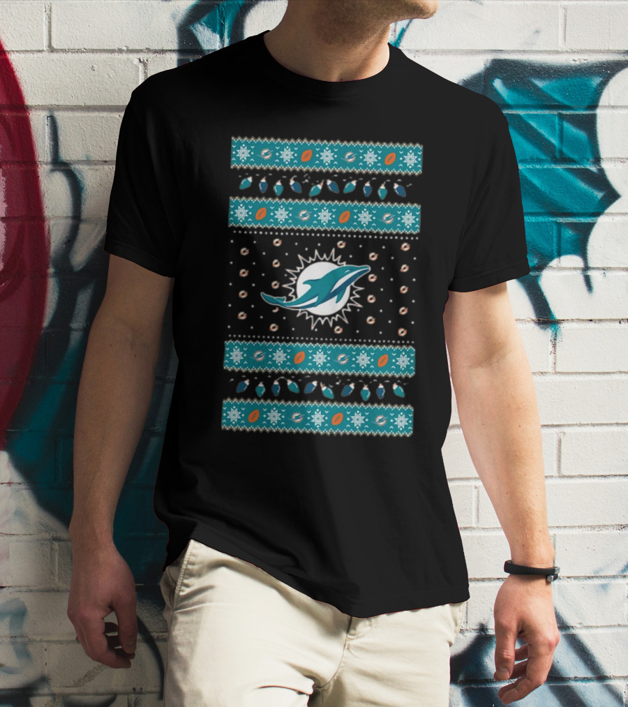 Miami Dolphins NFL Holiday Lights Ugly Sweater Christmas Football T-Shirt