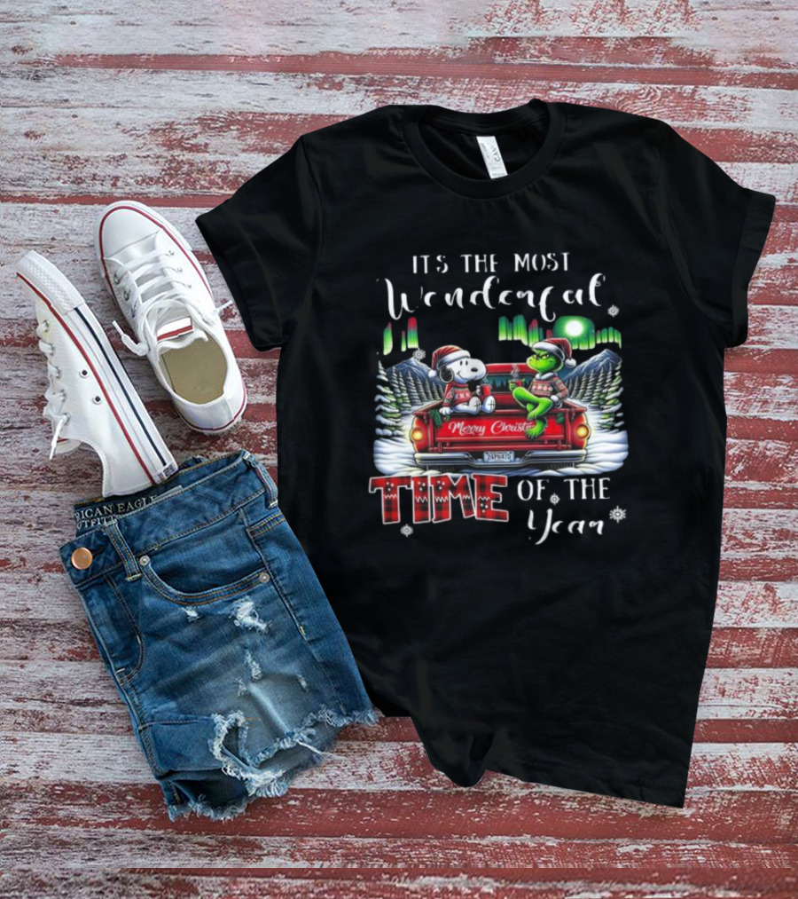 Snoopy Grinch Merry Christmas Time Of The Year Truck Scene T-Shirt