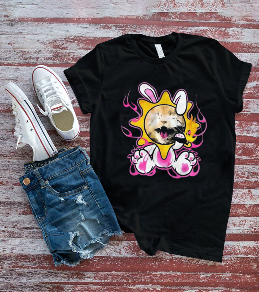 Praiseche Cat Sunburst Bunny Ears Pink Flames T-Shirt