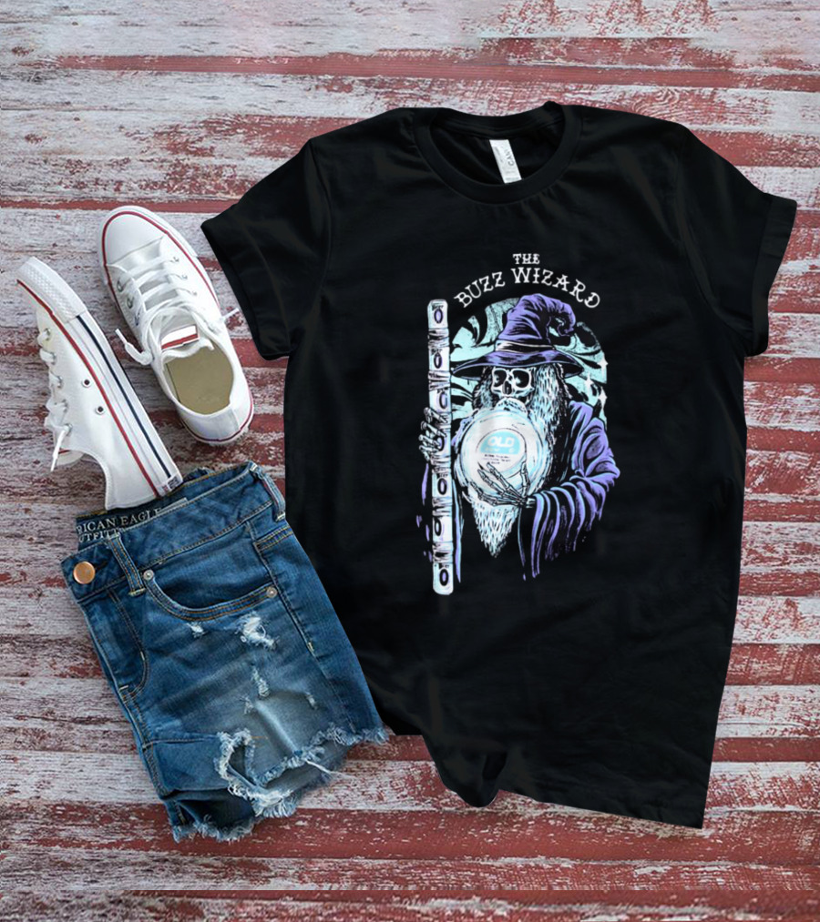 The Buzz Wizard Holding Old Row Branded Magic Orb And Staff T-Shirt
