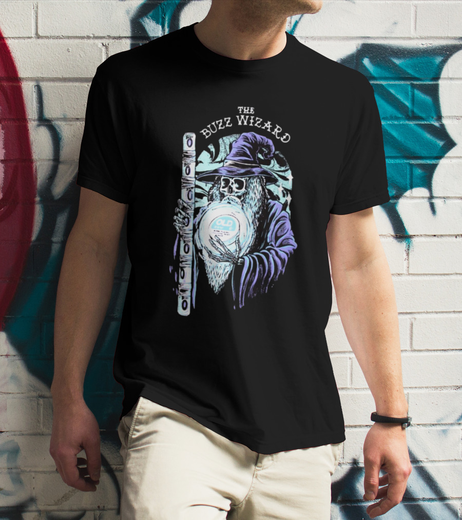 The Buzz Wizard Holding Old Row Branded Magic Orb And Staff T-Shirt