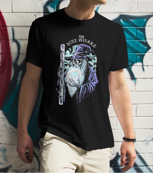The Buzz Wizard Holding Old Row Branded Magic Orb And Staff T-Shirt