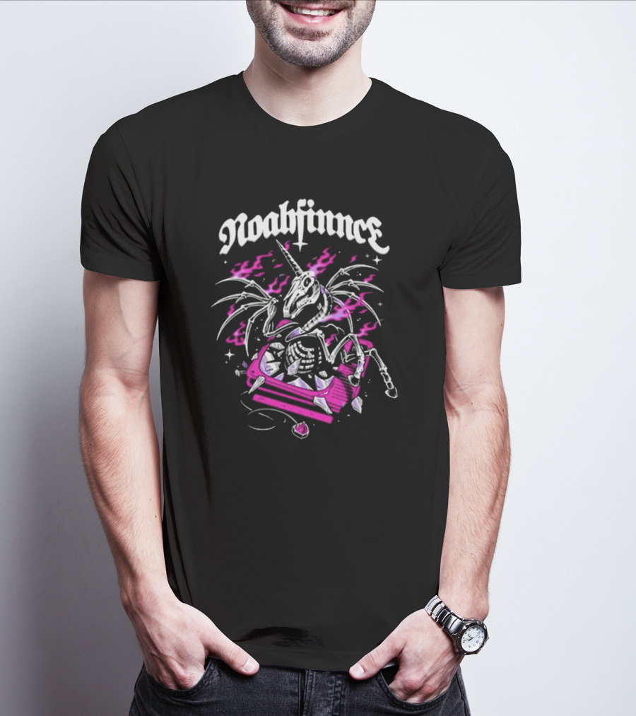 Noahfinnce Skeleton Unicorn Riding Pink Car With Wings And Flames T-Shirt
