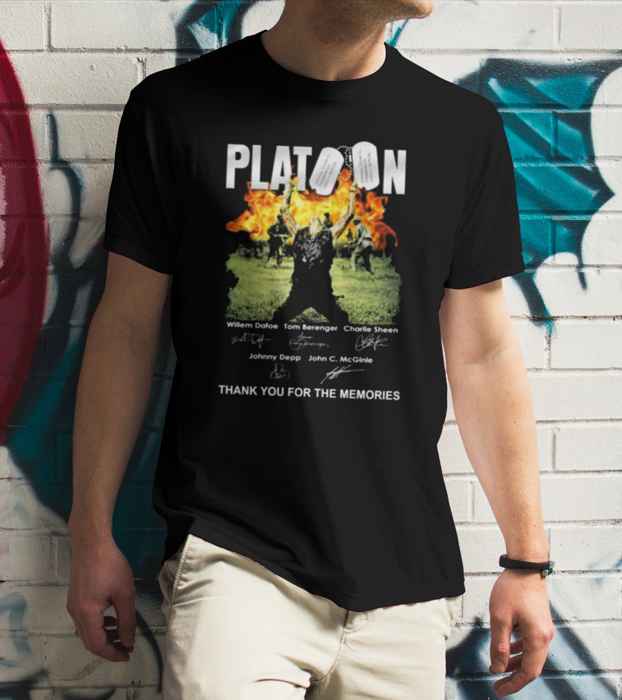 Platoon Thank You For The Memories Signatures Willem Dafoe Tom Berenger Charlie Sheen Johnny Depp John C. McGinley T-Shirt
