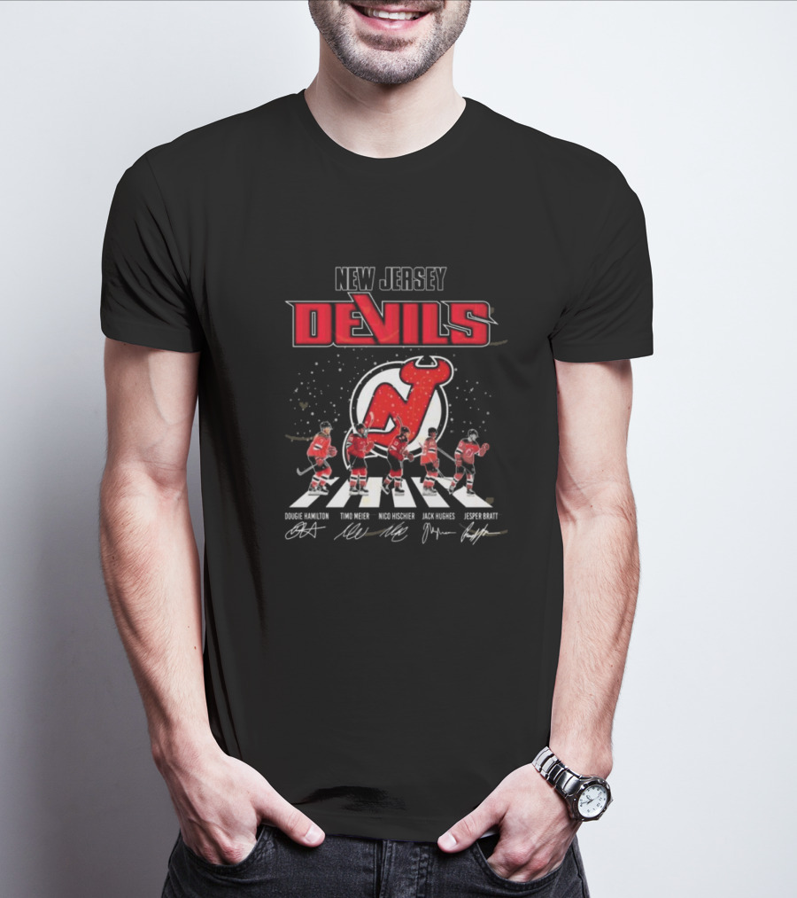 New Jersey Devils Dougie Hamilton Timo Meier Nico Hischier Jack Hughes Jesper Bratt Walking Signatures T-Shirt
