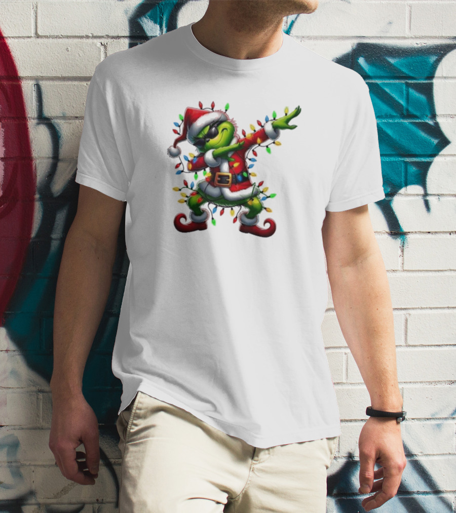 Santa Grinch Dabbing Festive Lights Merry Christmas T-Shirt