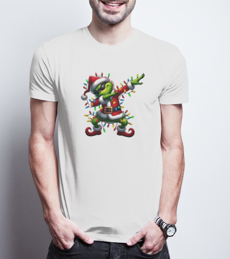 Santa Grinch Dabbing Festive Lights Merry Christmas T-Shirt