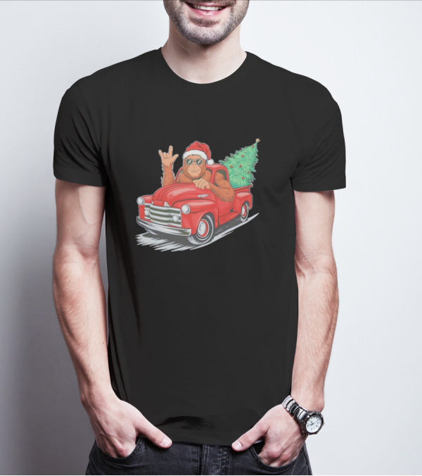 Bigfoot Rock On Santa Hat Christmas Tree Driving Red Truck T-Shirt