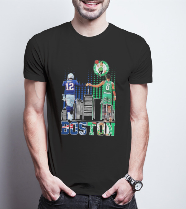 Boston Patriots And Celtics Skyline Featuring Tom Brady And Jayson Tatum Signatures T-Shirt