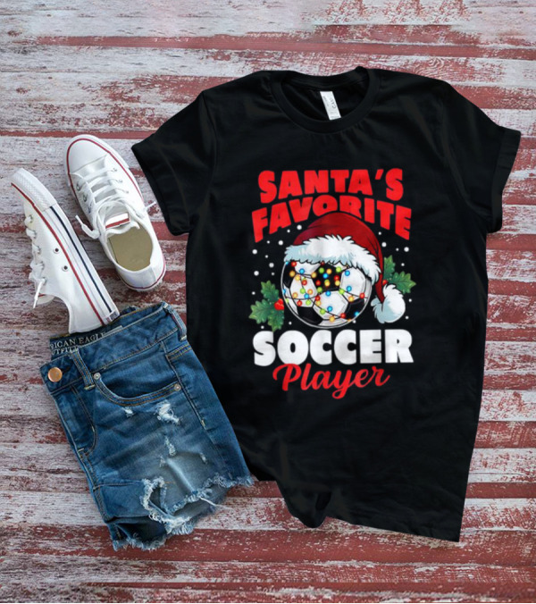 Santa's Favorite Soccer Player Christmas Pajama Xmas Soccer Ball And Santa Hat T-Shirt