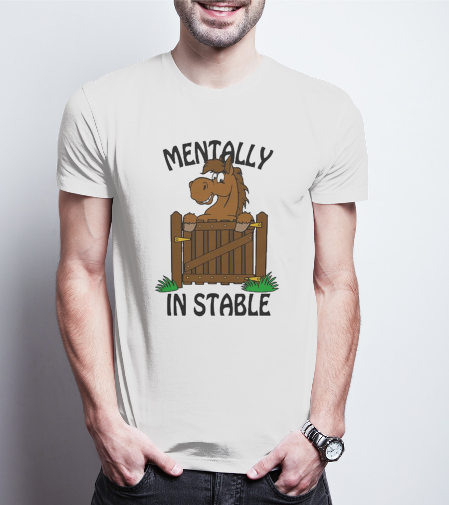 Mentally In Stable Cartoon Horse Gate Humorous T-Shirt