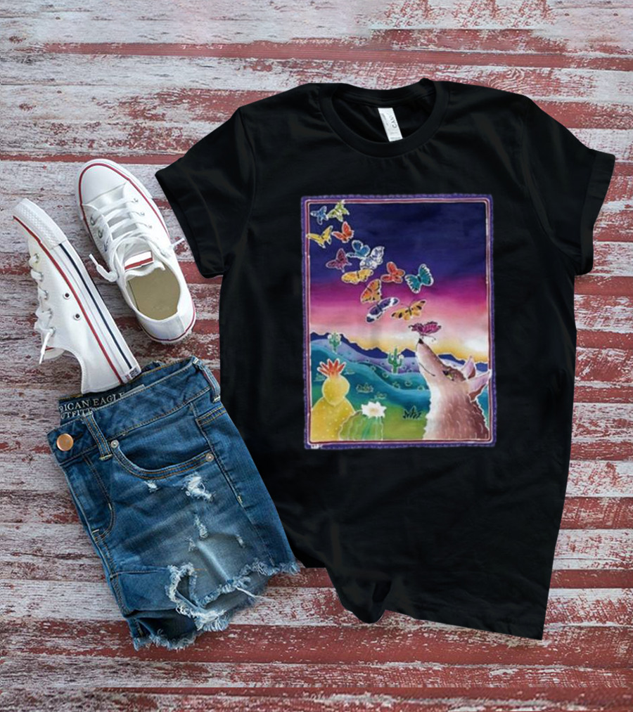Jimmorris Smiles At Nature’s Wonders Colorful Desert Landscape With Coyote And Butterflies T-Shirt