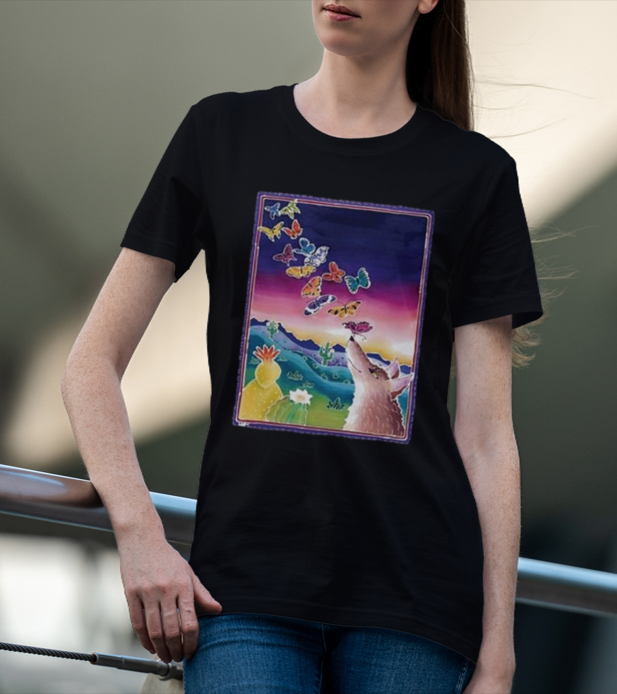 Jimmorris Smiles At Nature’s Wonders Colorful Desert Landscape With Coyote And Butterflies T-Shirt