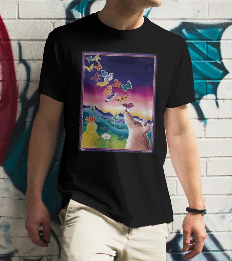 Jimmorris Smiles At Nature’s Wonders Colorful Desert Landscape With Coyote And Butterflies T-Shirt