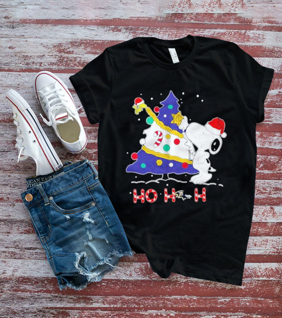 Ho Ho Ho Snoopy Woodstock Christmas Tree Baltimore Ravens T-Shirt