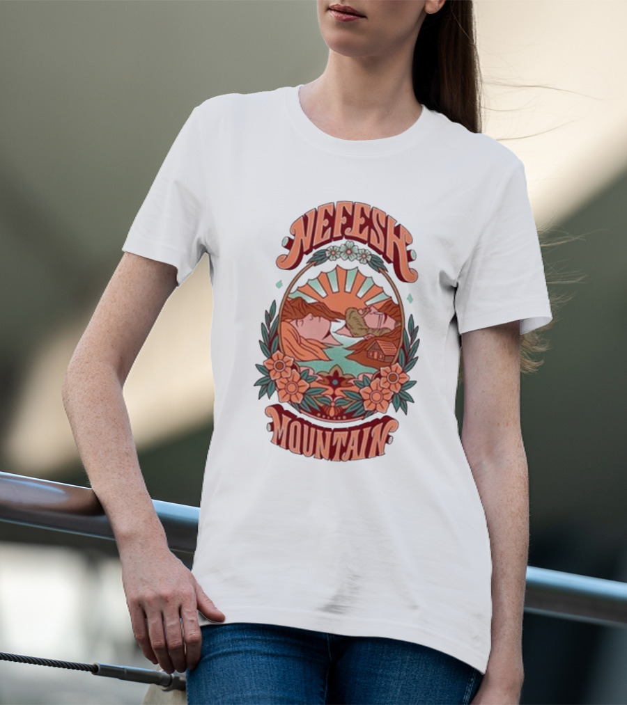 Nefesh Mountain Sunrise Scene With Cabin And Flowers T-Shirt
