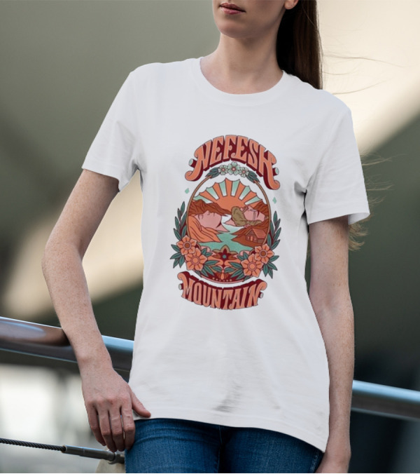 Nefesh Mountain Sunrise Scene With Cabin And Flowers T-Shirt
