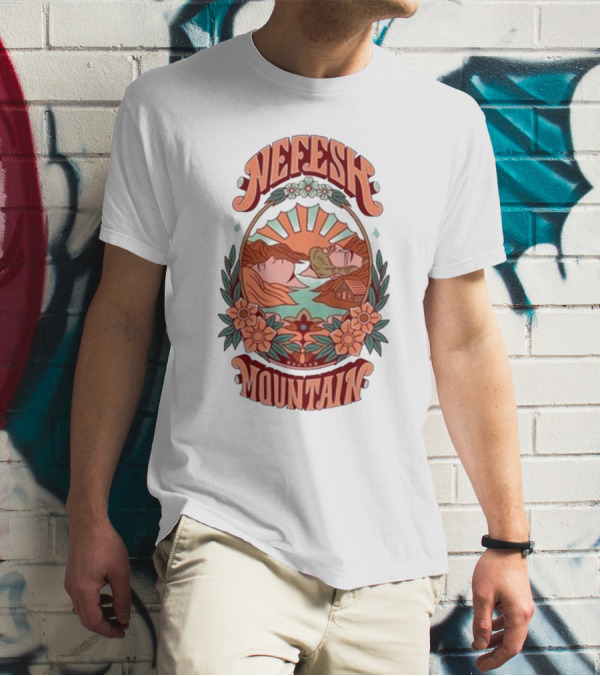 Nefesh Mountain Sunrise Scene With Cabin And Flowers T-Shirt