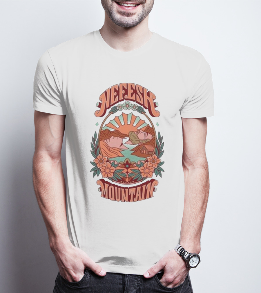 Nefesh Mountain Sunrise Scene With Cabin And Flowers T-Shirt
